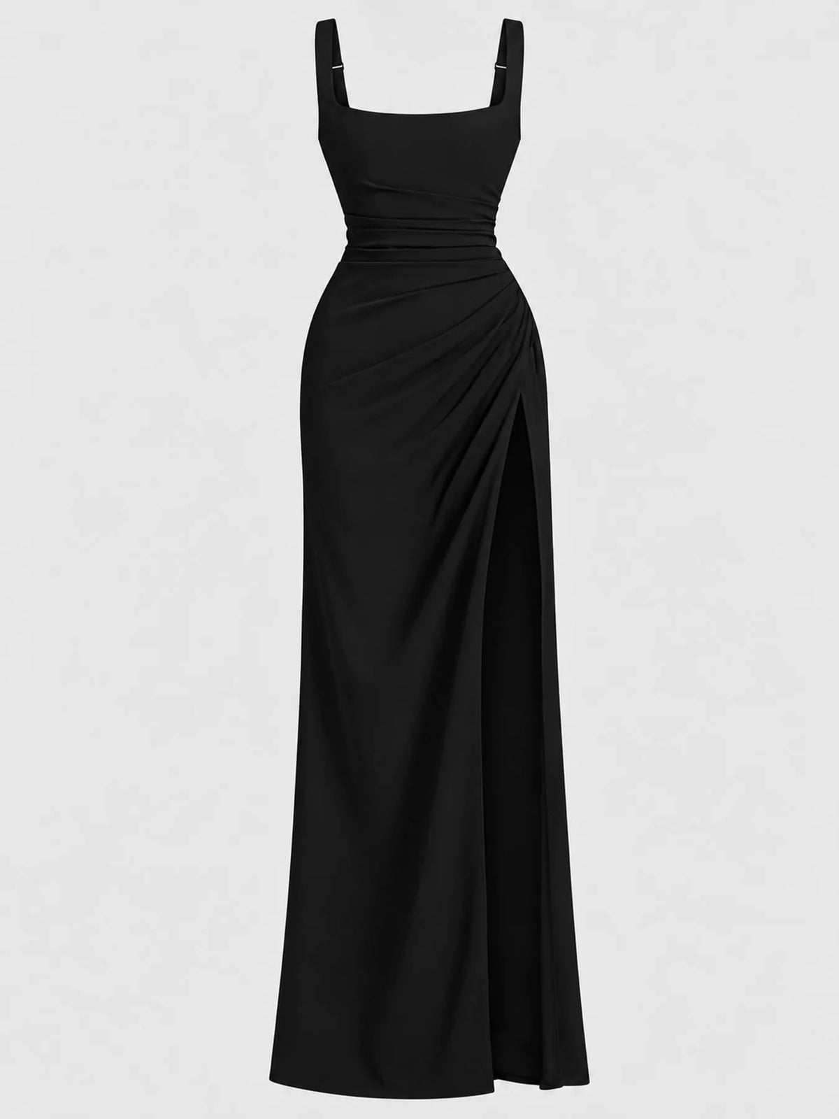 Black ruched sleeveless maxi dress with square neckline and side slit