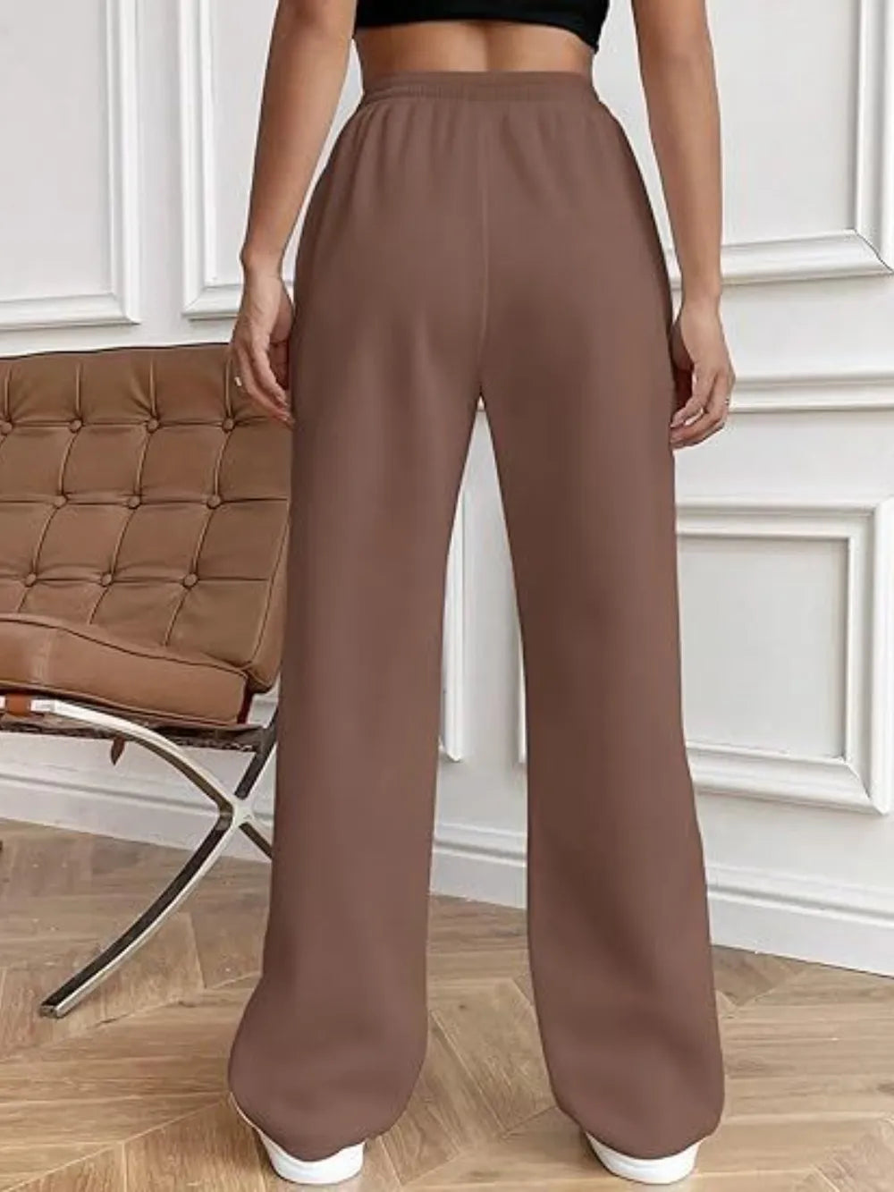 Taupe/brown wide-leg pants with drawstring waistband and side pockets
