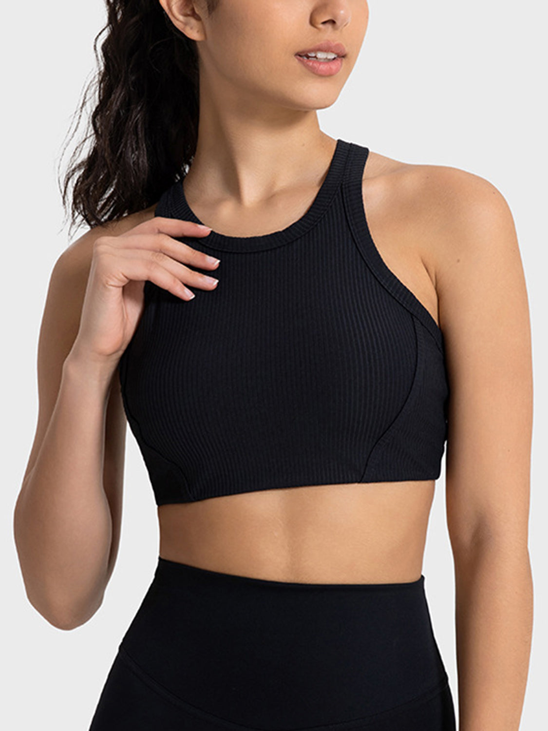 Black cropped sport tank with wide neckline and ribbed texture