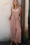 Dusty mauve corded wide-leg overalls with adjustable straps and front center seam