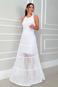 White hollowed-out sleeveless maxi dress, round neck, lattice crochet texture
