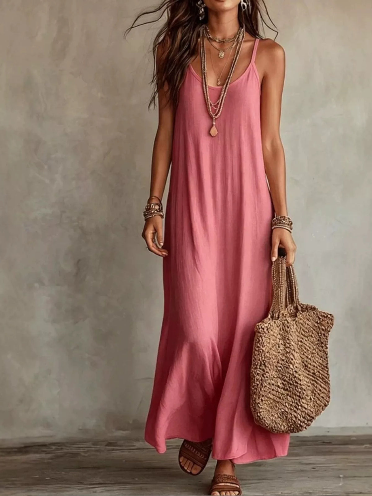 Pink scoop-neck maxi dress with spaghetti straps and long flowing skirt