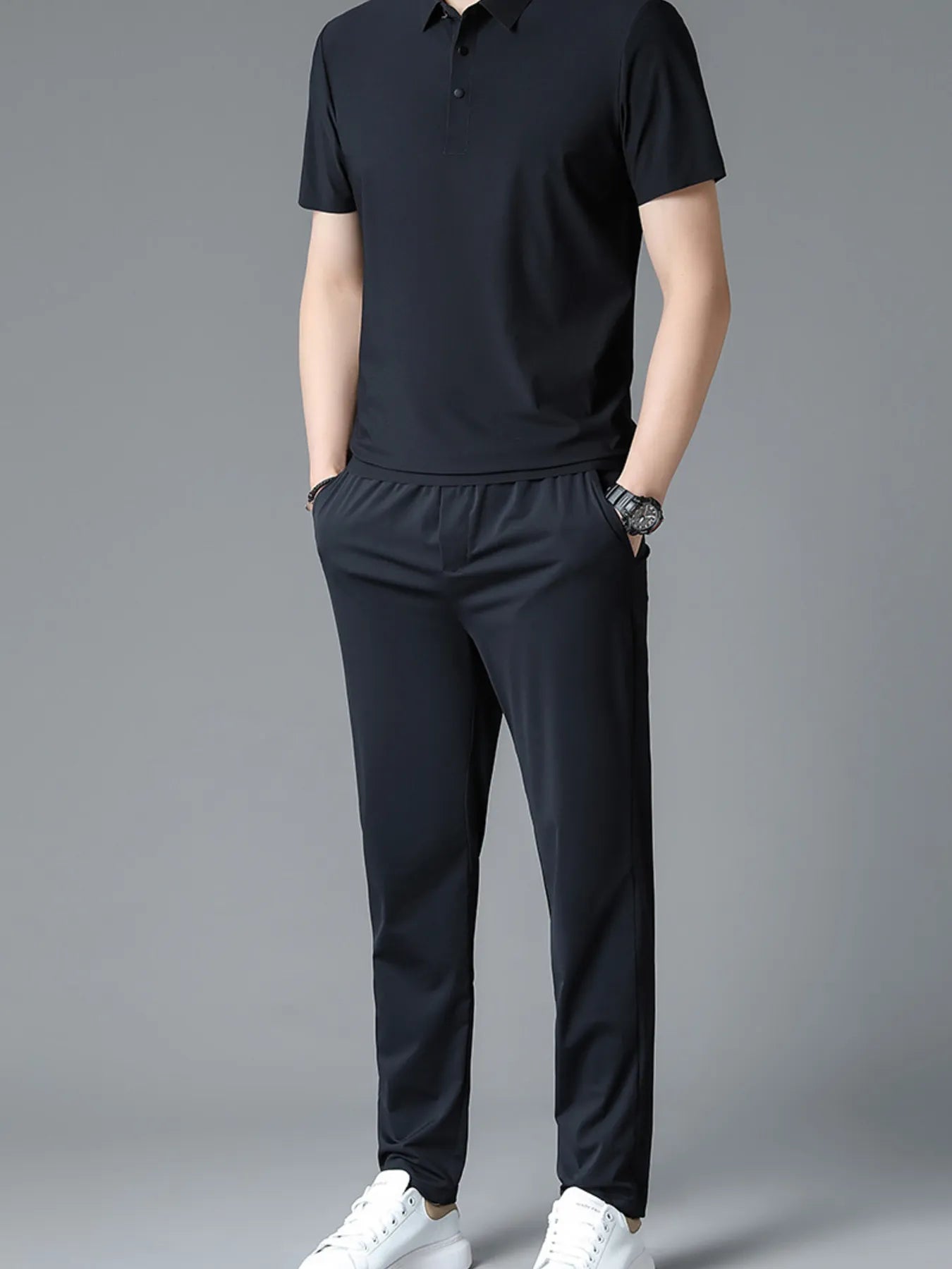 Men's polo and drawstring pants set in black, short sleeves, button placket