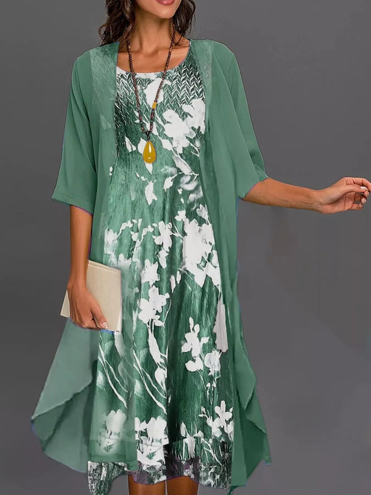 Green floral print midi dress with sheer chiffon cardigan, draped hem, elbow sleeves