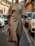 Women\'s khaki belted midi dress with kimono sleeves and high waist twist front