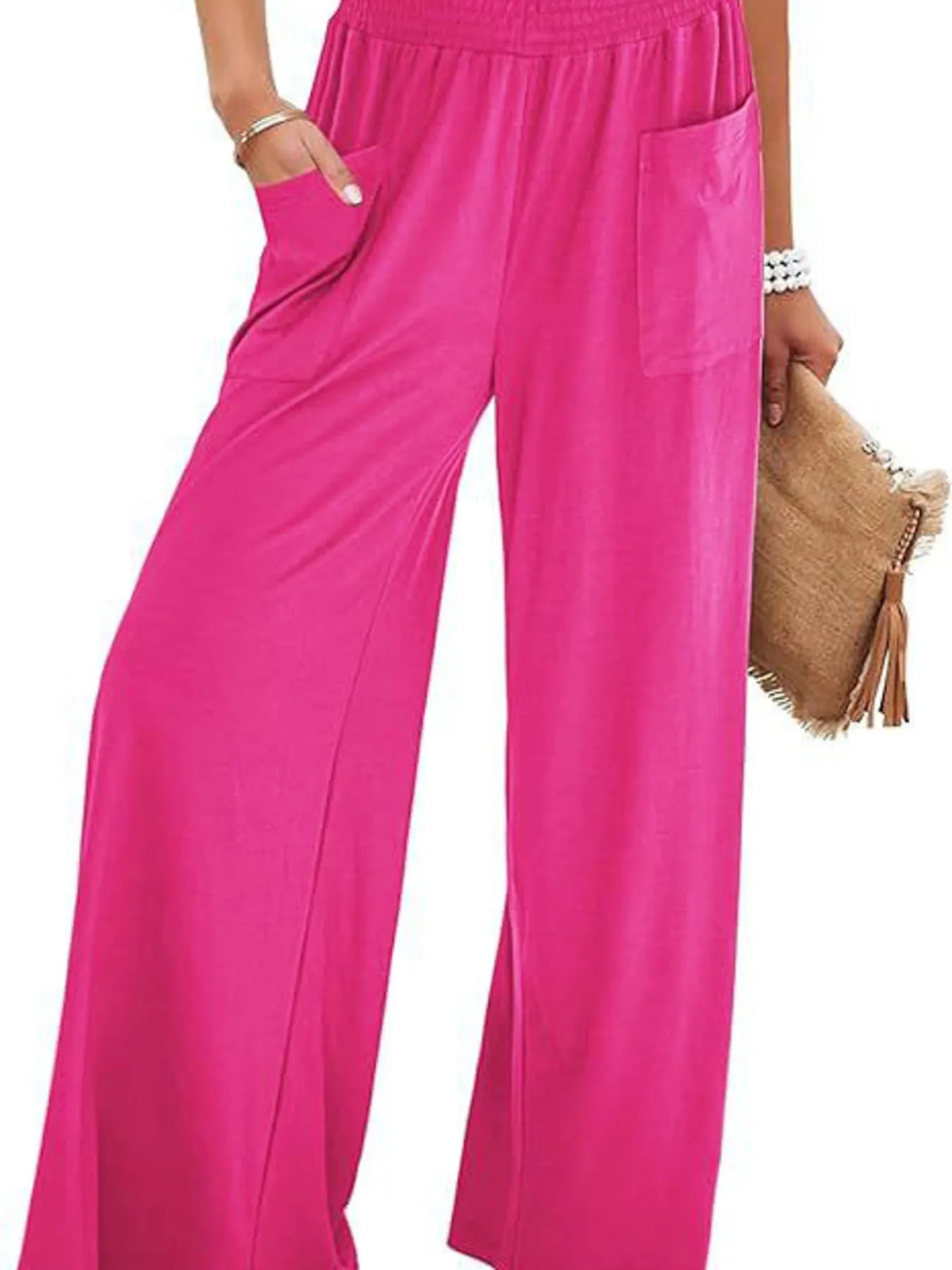 Hot pink high-waisted wide-leg pants with elastic waist and side pockets