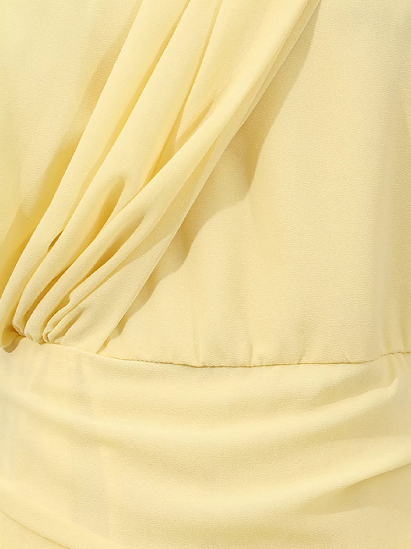 Cedar & Moore Sleeveless Ruched High-Slit Maxi Dress in pale yellow with draped ruching and zipper closure.