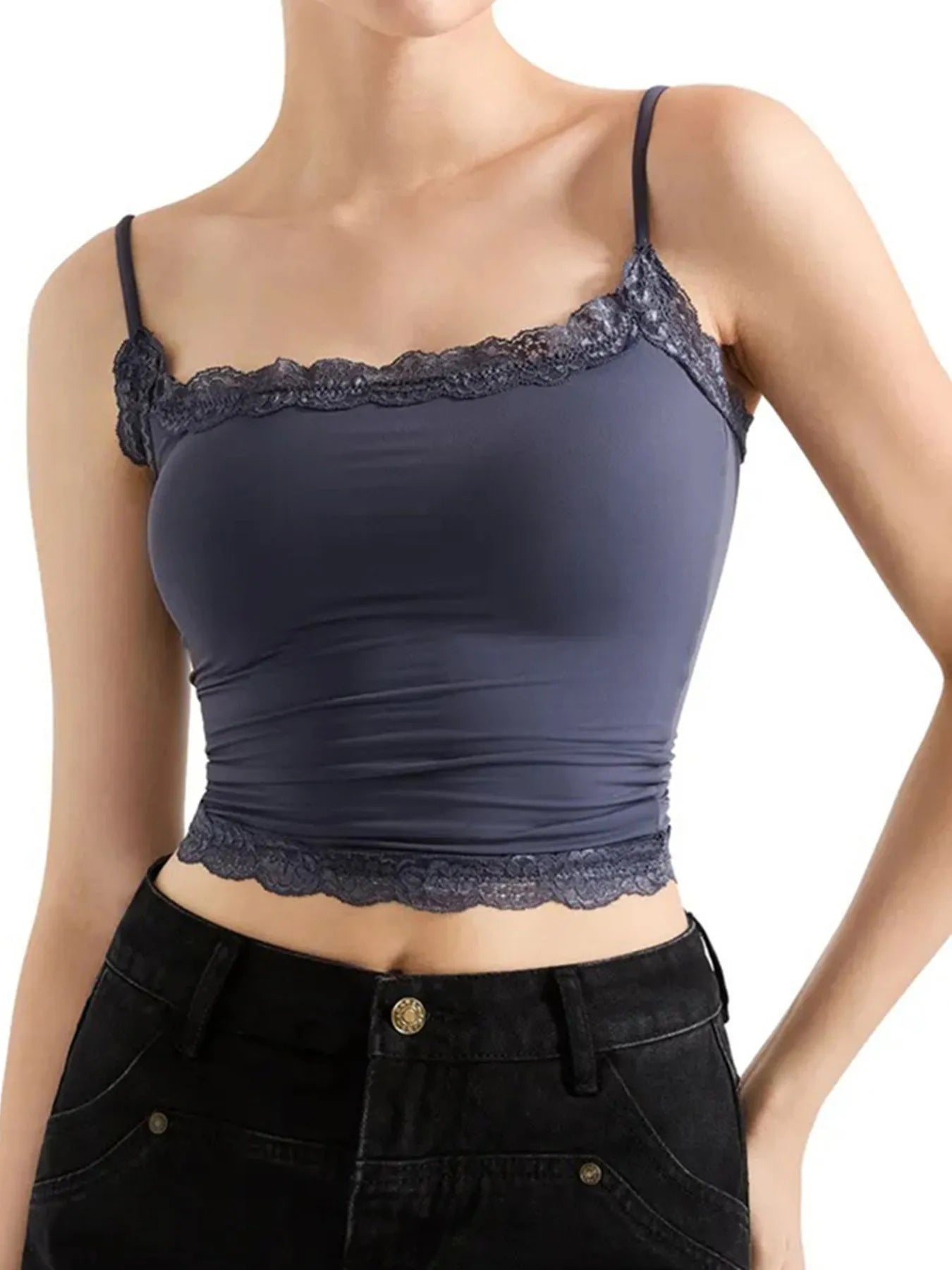 Gray-blue lace-trim cami top with thin straps and scalloped lace neckline trim