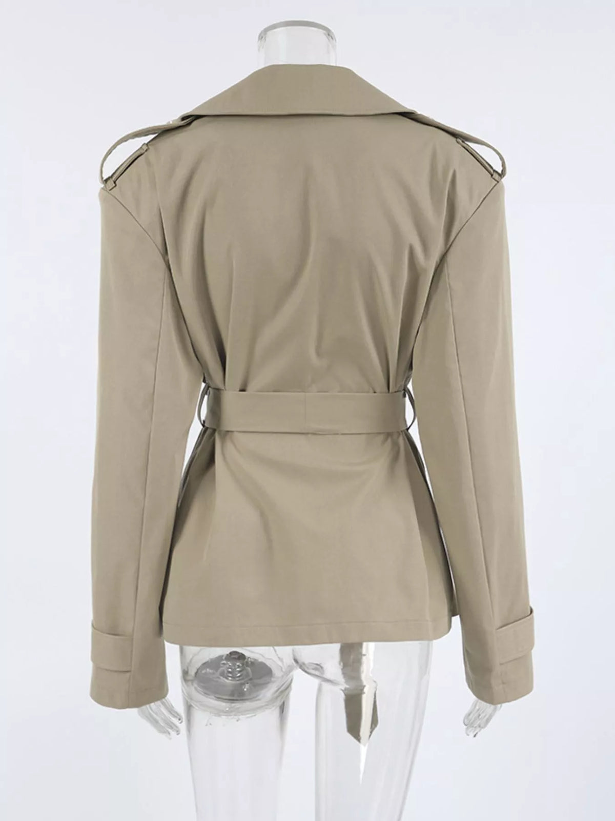 Khaki double-breasted belt trench coat, back view with tie waist and epaulets