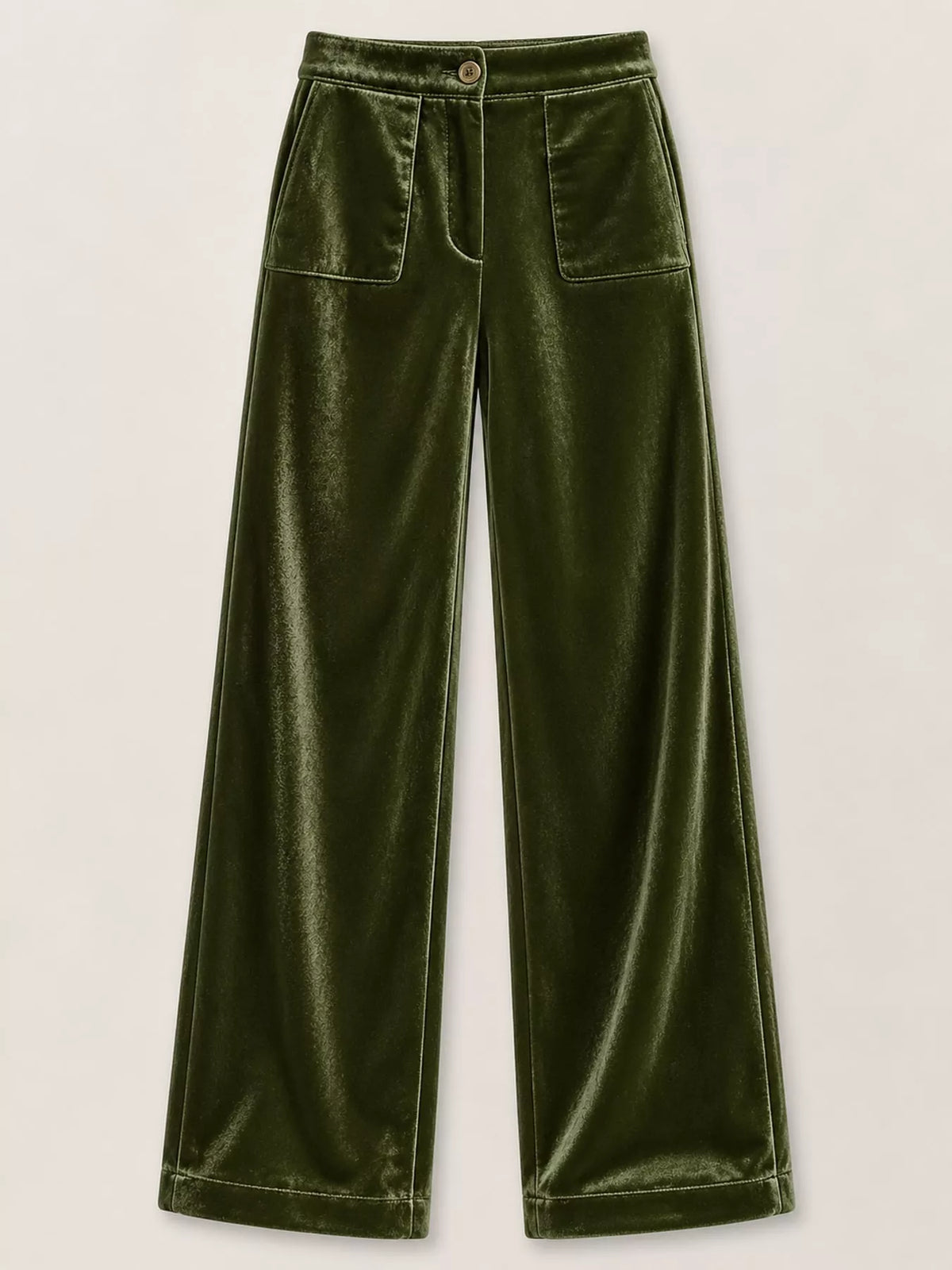 Army green velvet wide-leg pants, high rise, front pockets, button closure