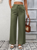 Army green high-waist wide-leg pants with drawstring waist and relaxed straight legs