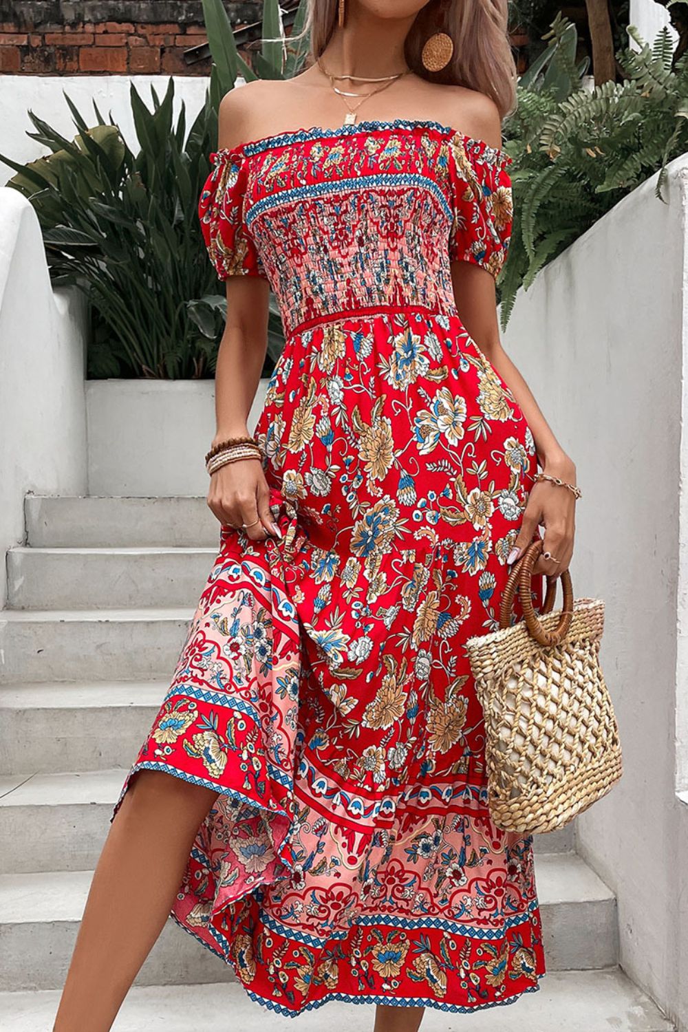 Deep red floral off-shoulder smocked midi dress with ruffled tiered skirt and border