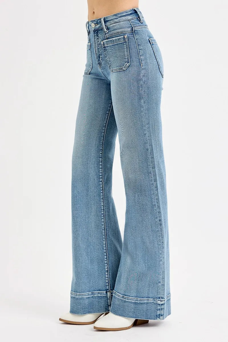 High-rise wide-leg jeans in light blue wash, back patch pockets, flared hem