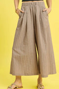 Camel pinstripe crop palazzo pants with elastic waistband and wide-leg drape
