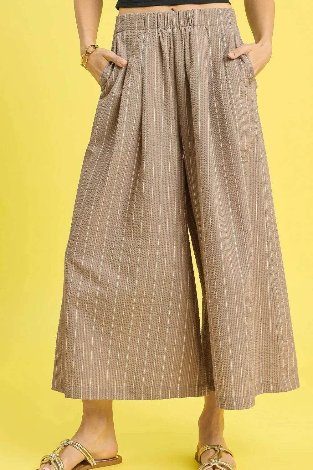 Camel pinstripe crop palazzo pants with elastic waistband and wide-leg drape
