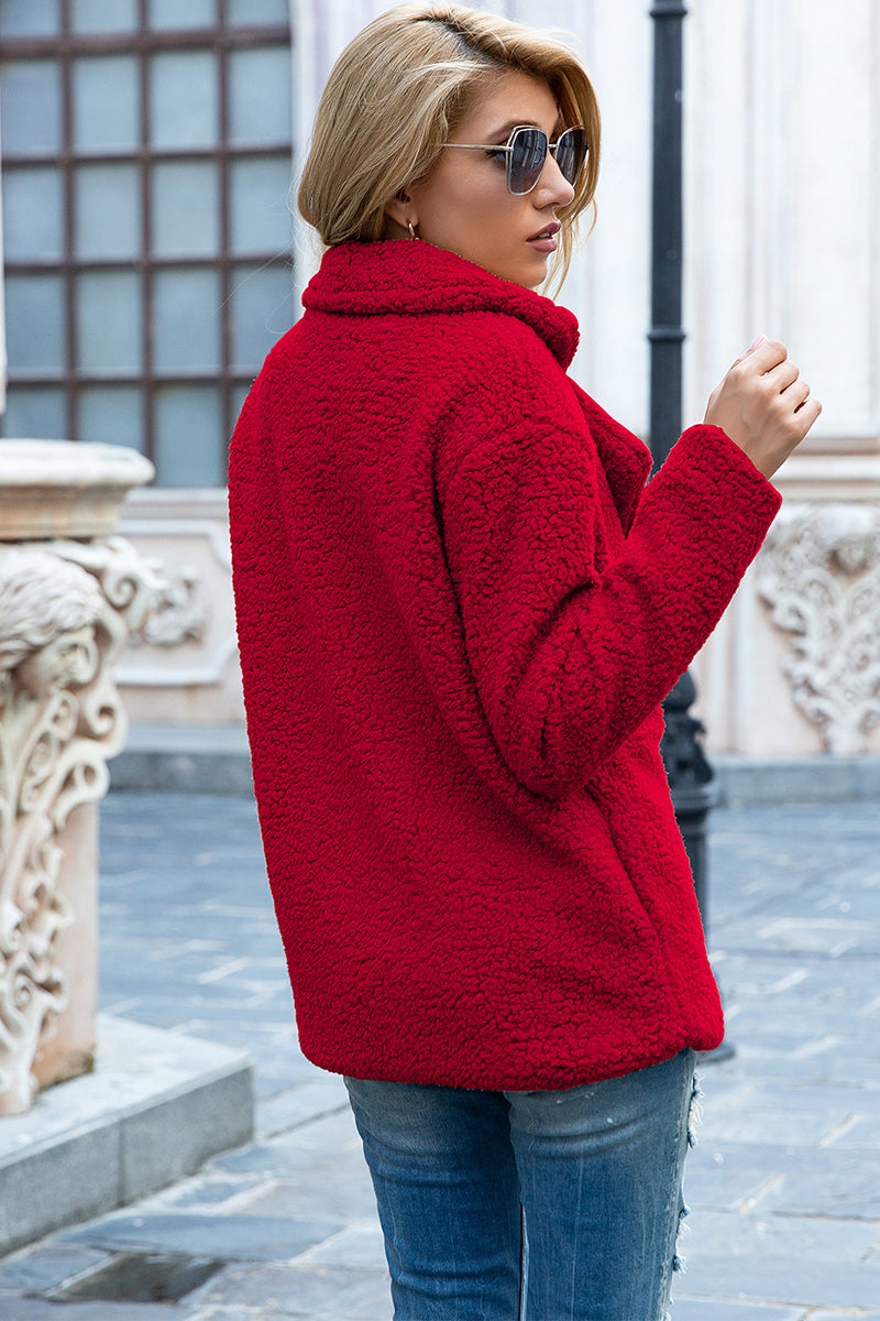 Sherpa coat with lapel collar, deep red textured fleece, visible back shoulder yoke.