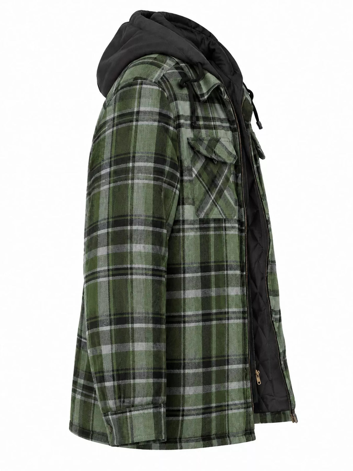 Men's green plaid hooded quilted jacket side view with button pockets and drawstring hood