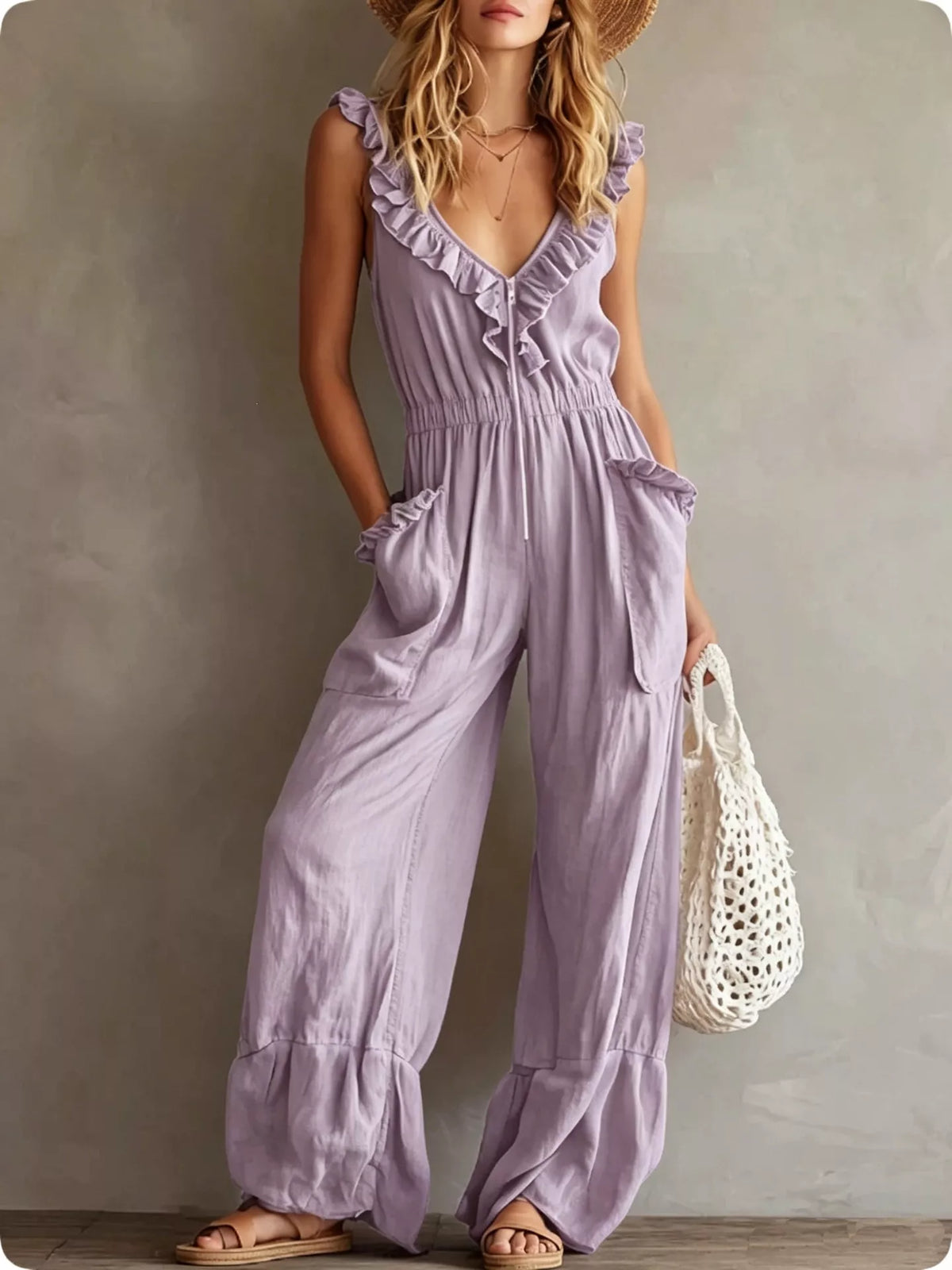 Ruffled V-neck wide-leg jumpsuit in light lavender with gathered waist and cargo pockets