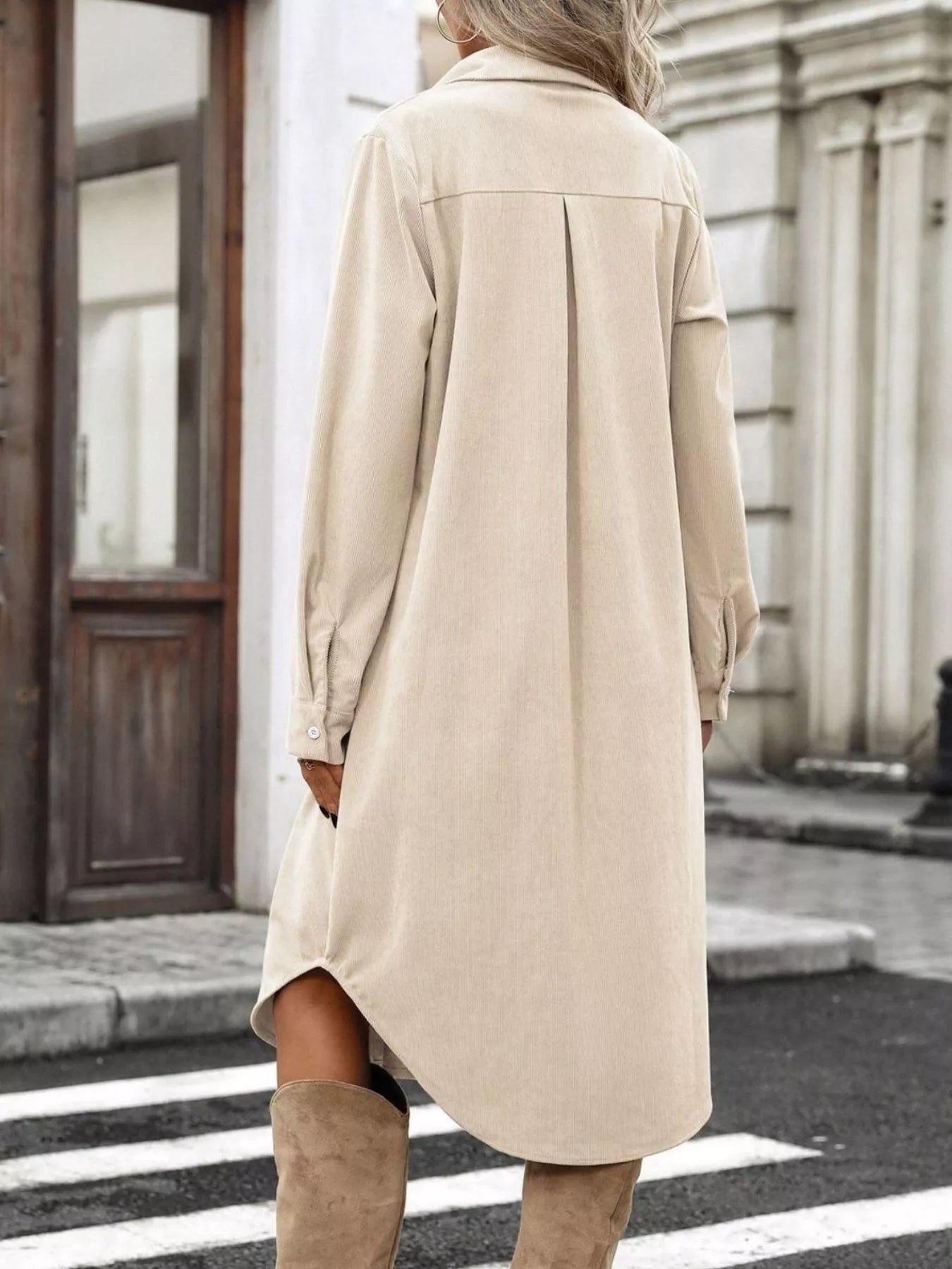 Cream corduroy shirt dress, button-front back view, long sleeves, midi length