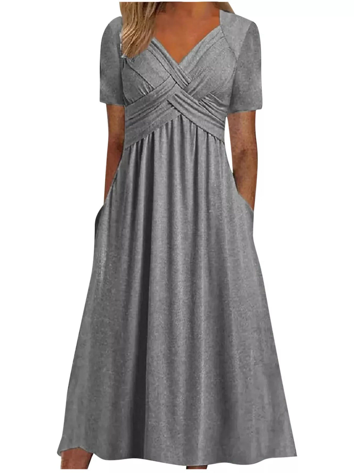 Gray V-neck crisscross high-waist midi dress with short sleeves, flowing gathered hem
