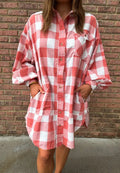 Strawberry plaid shirt dress with pointed collar, button front, long sleeves