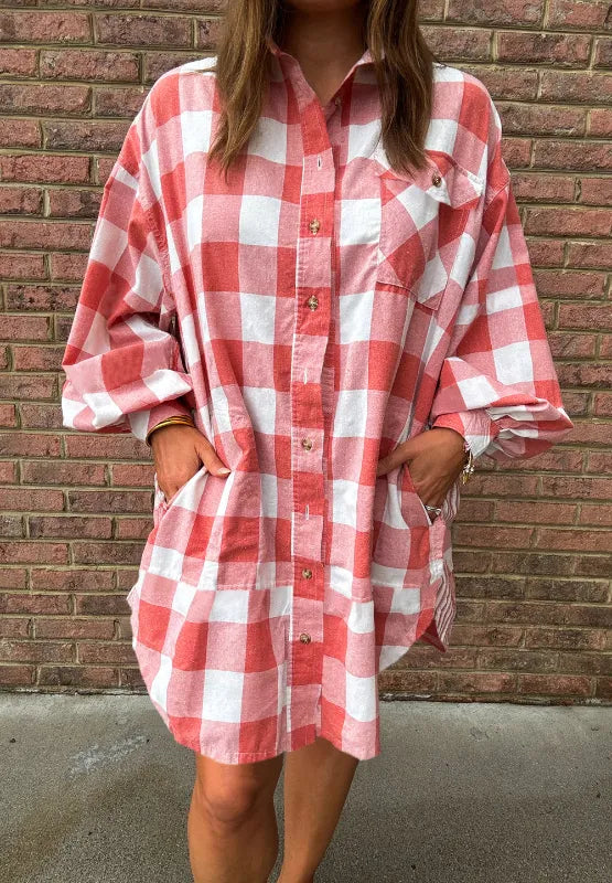 Strawberry plaid shirt dress with pointed collar, button front, long sleeves