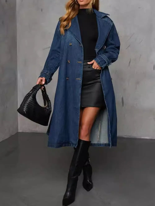 Dark denim longline button-front jacket, notched collar and chest flap pockets