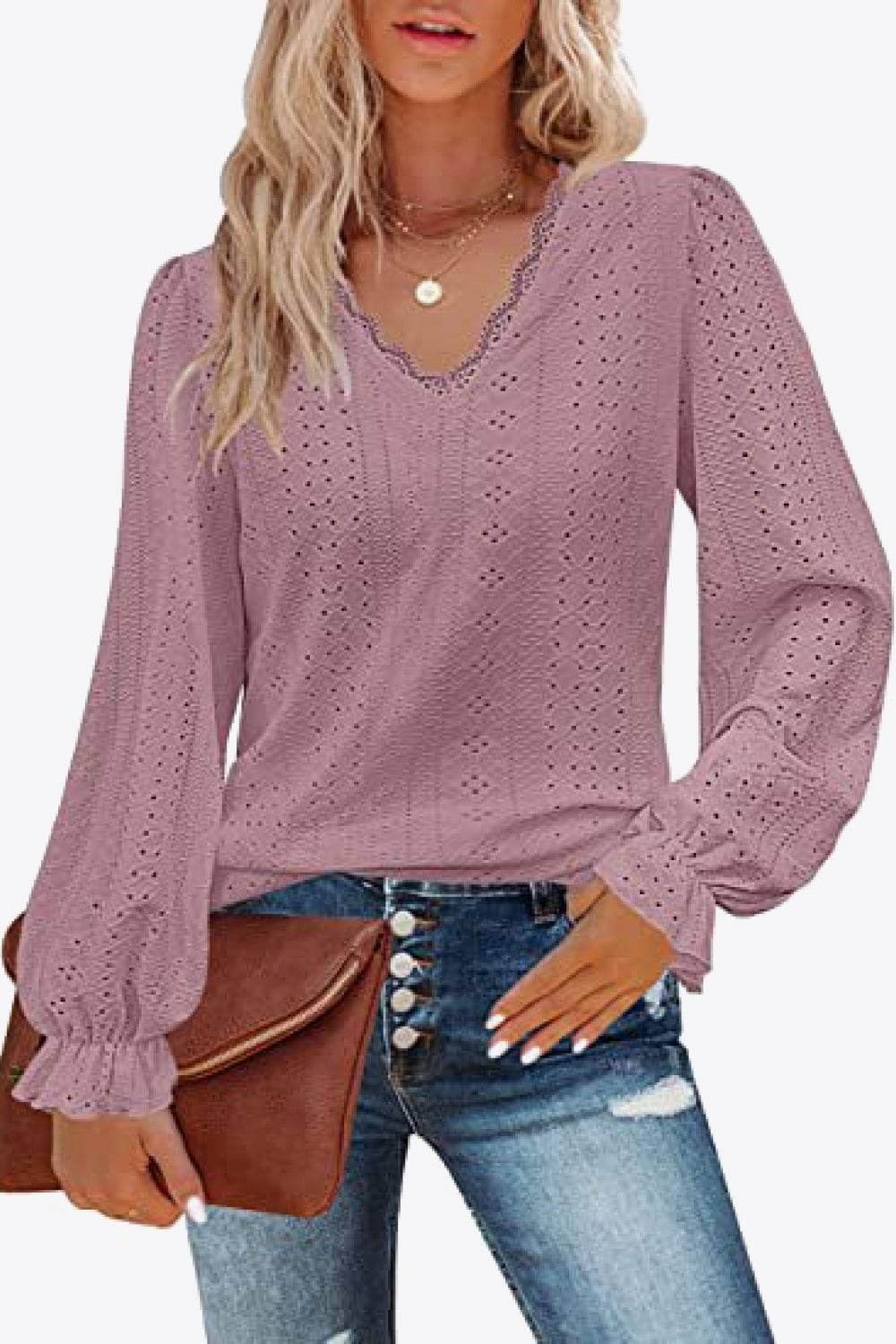 Lavender eyelet V-neck blouse with flounce cuffs and long puff sleeves