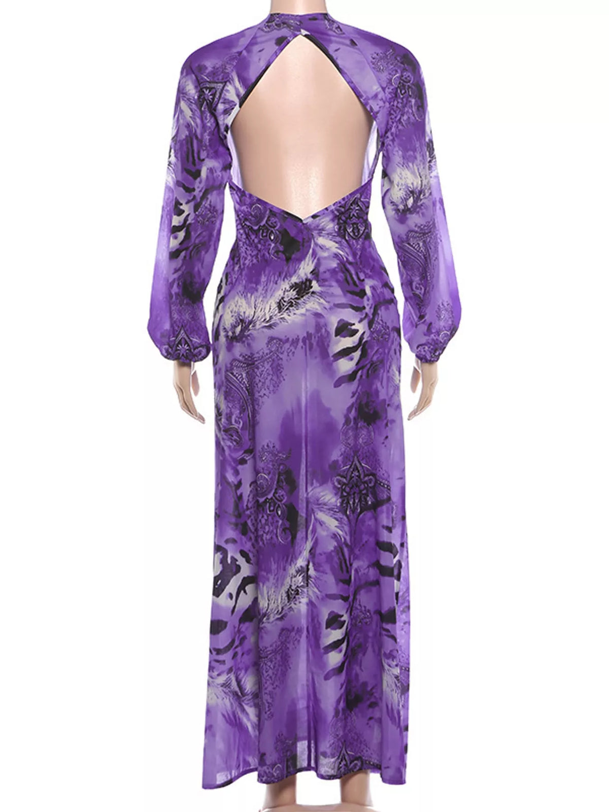 Purple printed maxi dress back view with open cutout and long sleeves