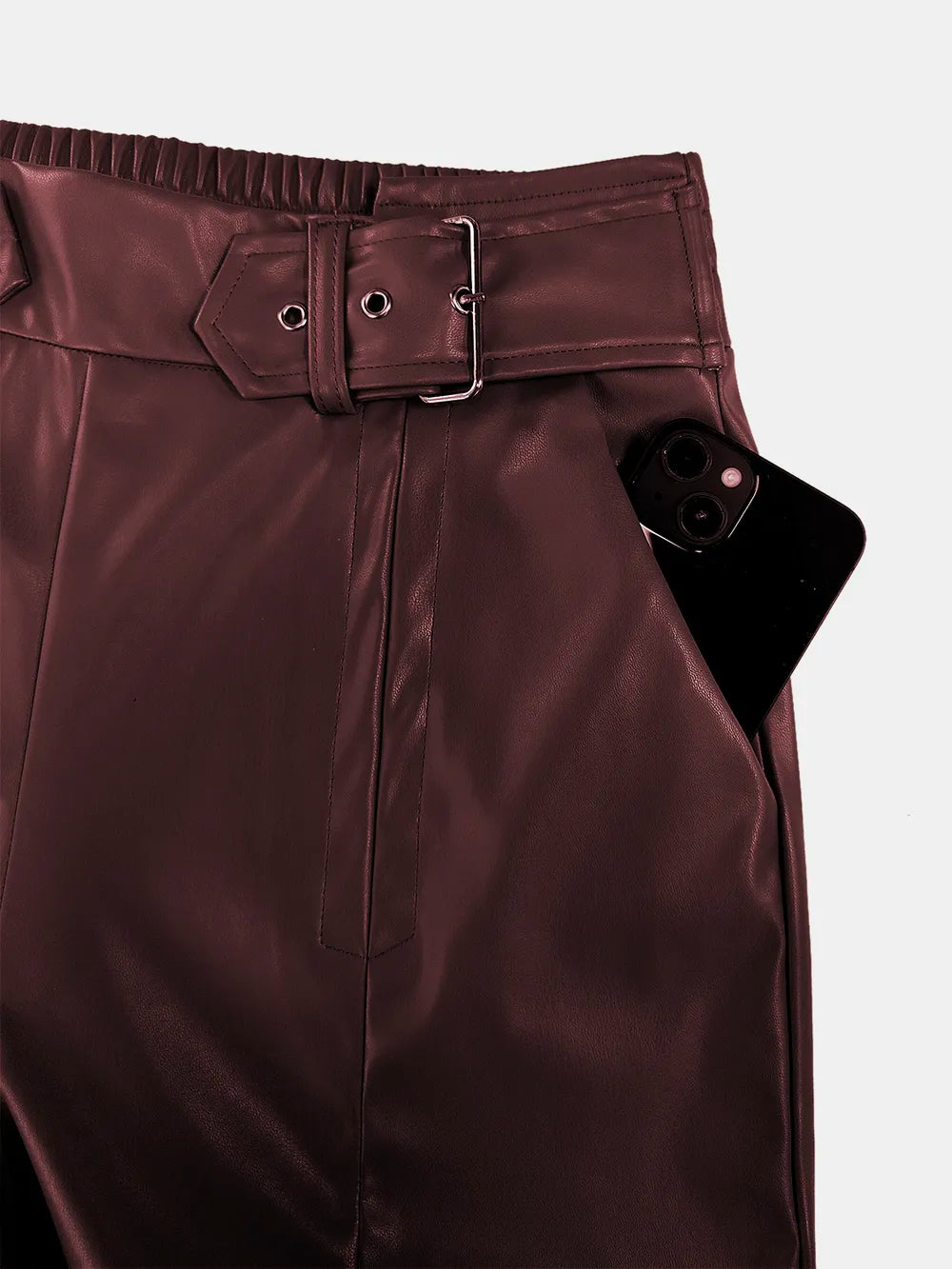 Burgundy wide-leg pants with half elastic waist and front belt buckle detail