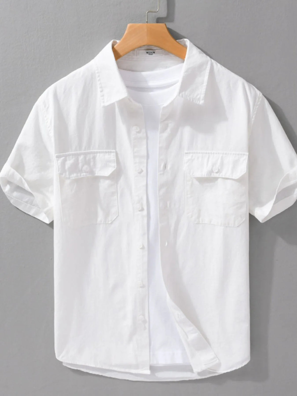 Men's short-sleeve cotton button-up shirt, white, chest pockets and button front