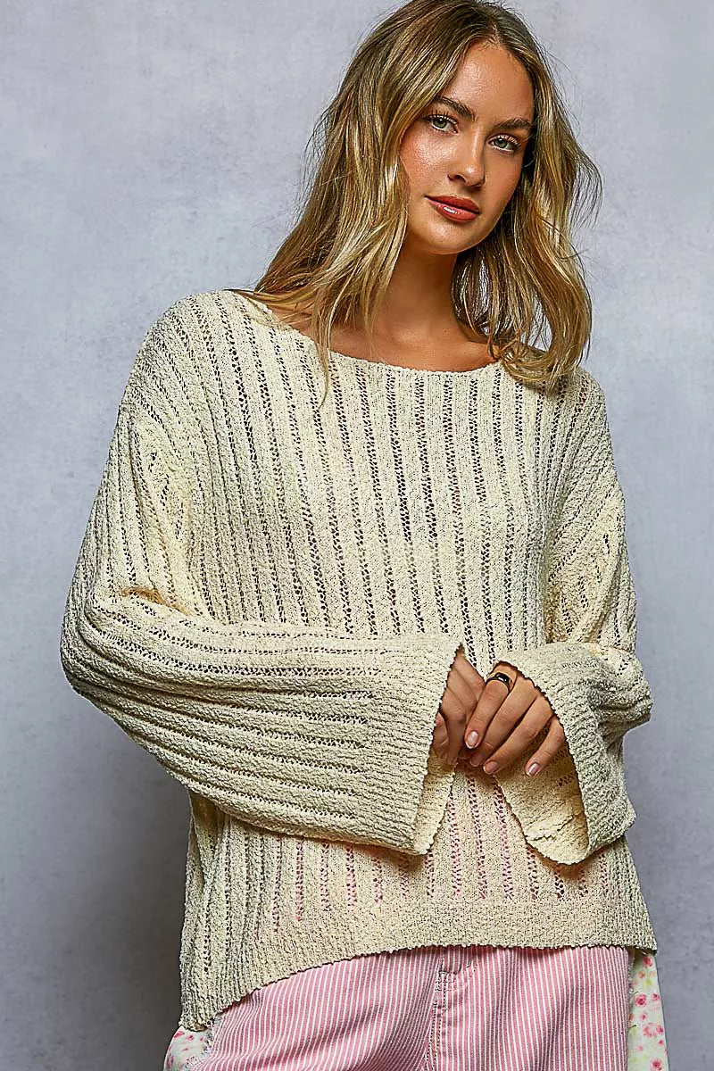 Cedar & Moore POL Round Neck Long Sleeve Open Weave Sweater, cream knit openwork by Trendsi