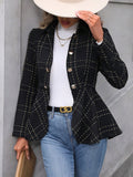 Black collared blazer with ruffle peplum hem, gold buttons, and plaid stitch detailing