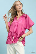Cedar & Moore Umgee Floral Split-Neck Short Sleeve Top in peony pink, with white piping and floral print