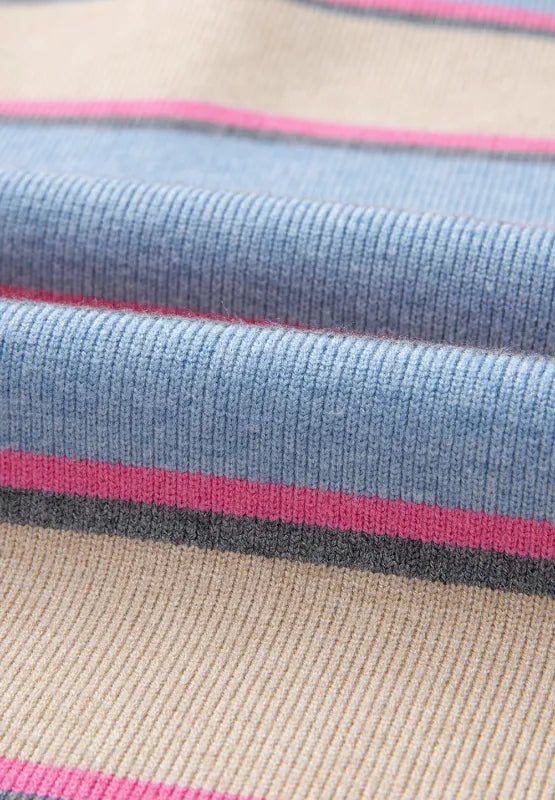 Beige knit with blue and pink horizontal stripe detail on cuff