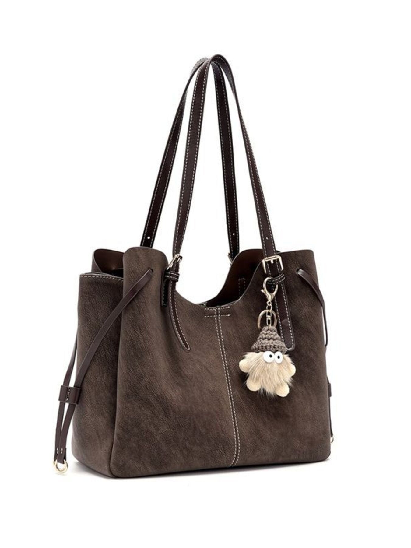Adjustable Straps Shoulder Bag by Trendsi in medium brown PU with double top handles