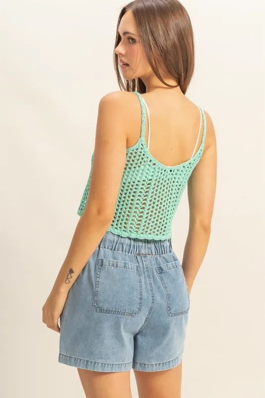 Light green crochet cami with racer back straps, cropped hem