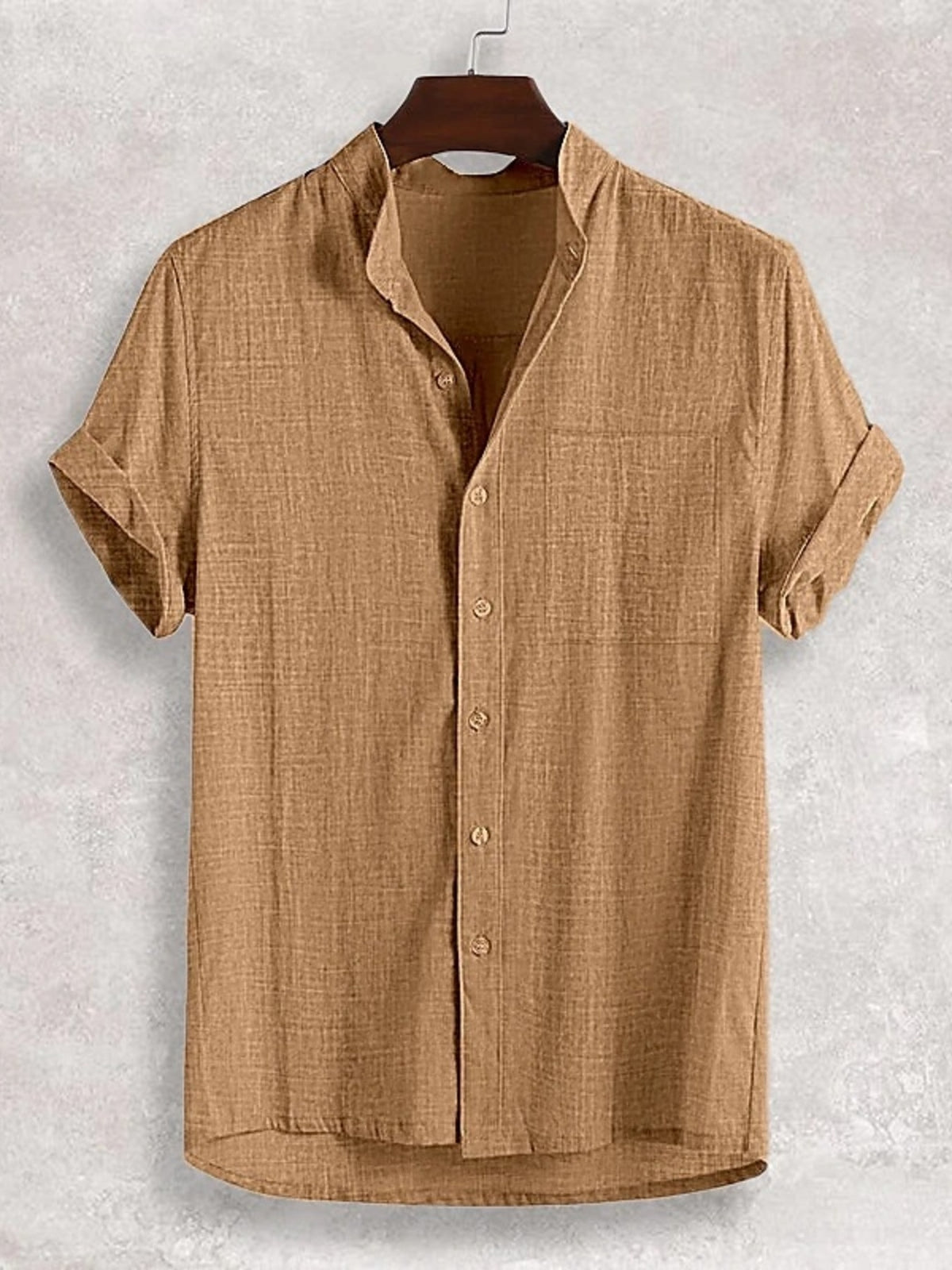 Men's short-sleeve button-up cotton shirt in taupe