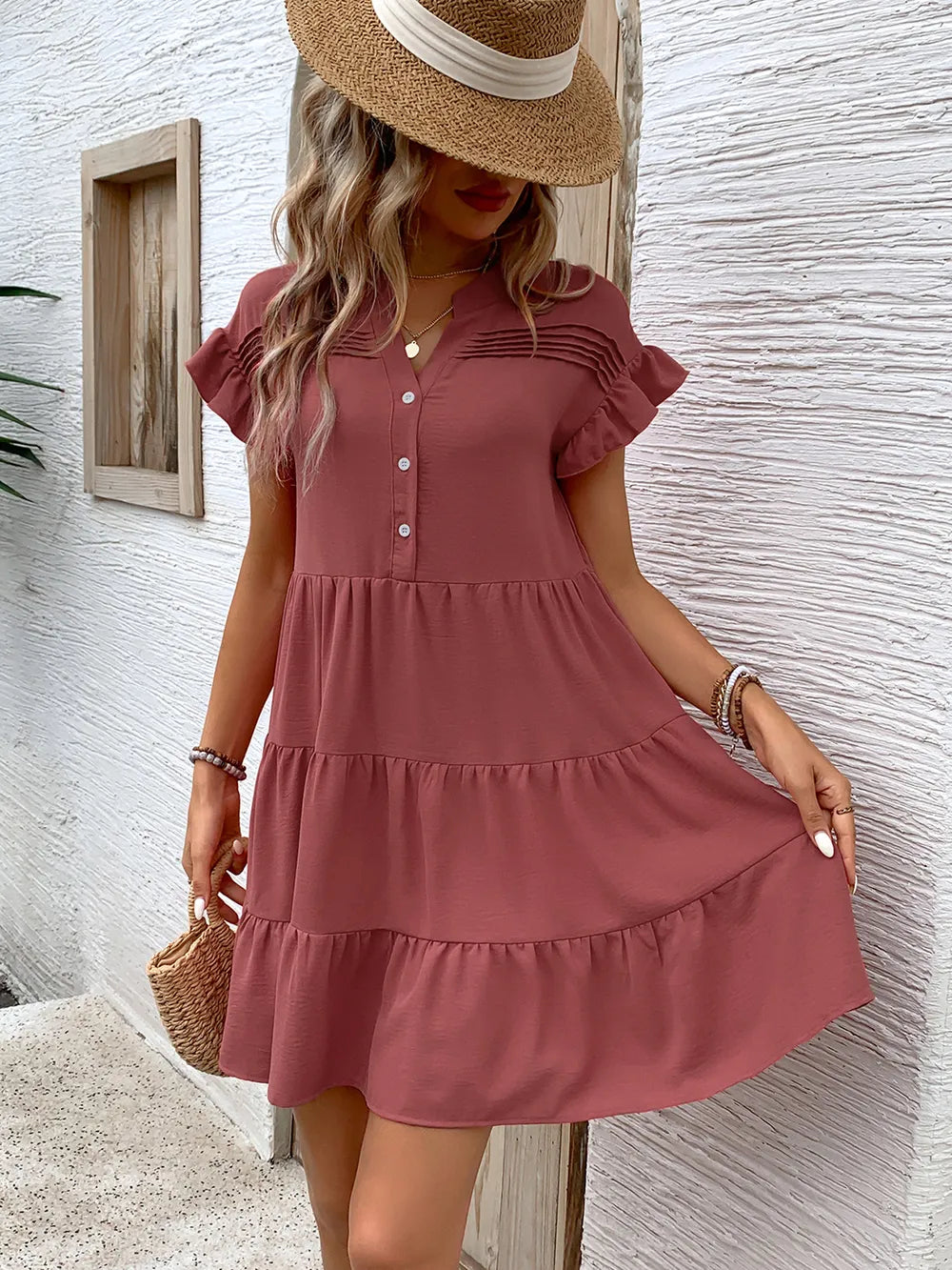 Perfee tiered notched flounce-sleeve mini dress in dusty rose with buttoned, ruched details.