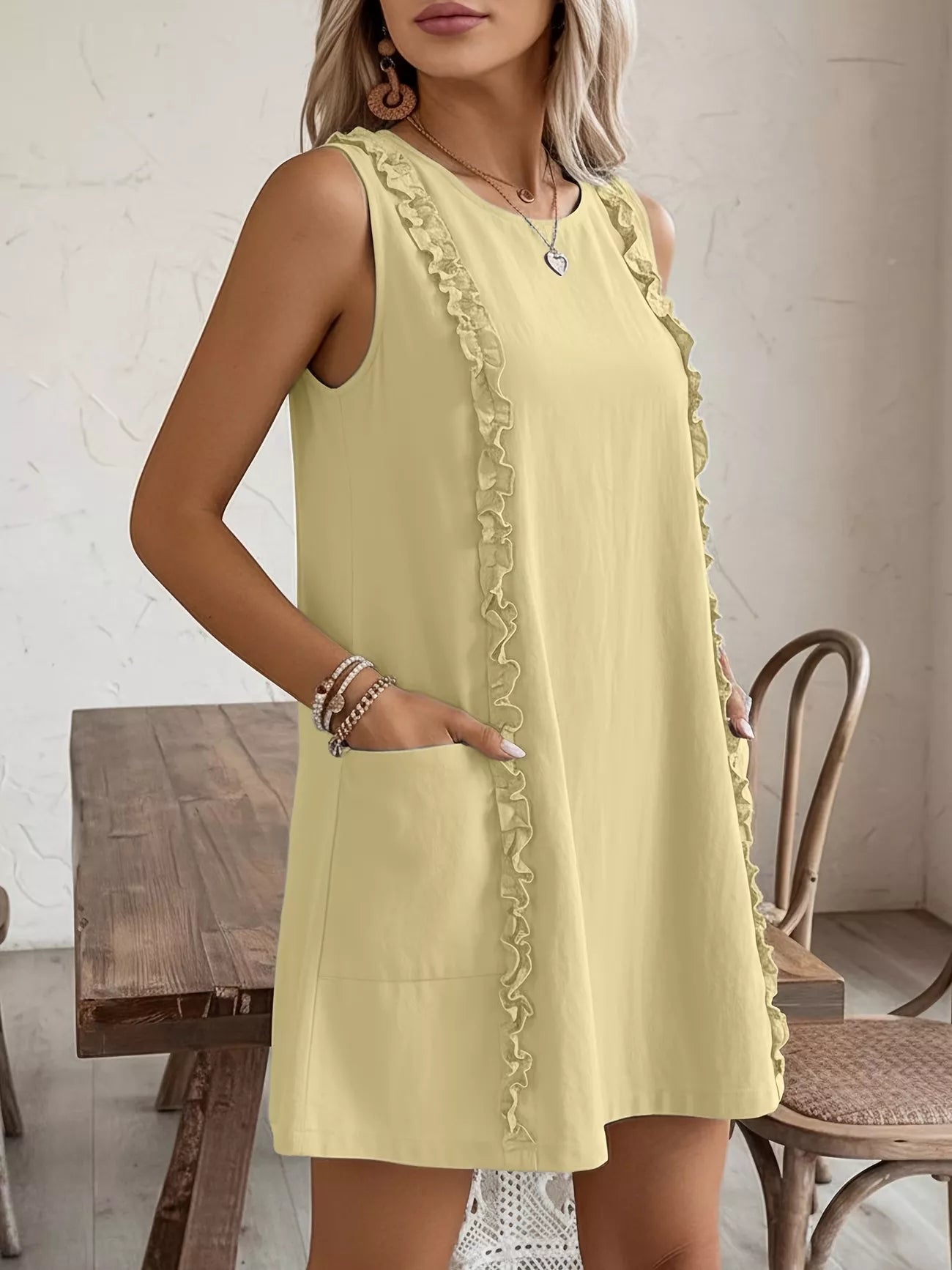 Cedar & Moore Frill-trim sleeveless round-neck dress in pale yellow with pockets