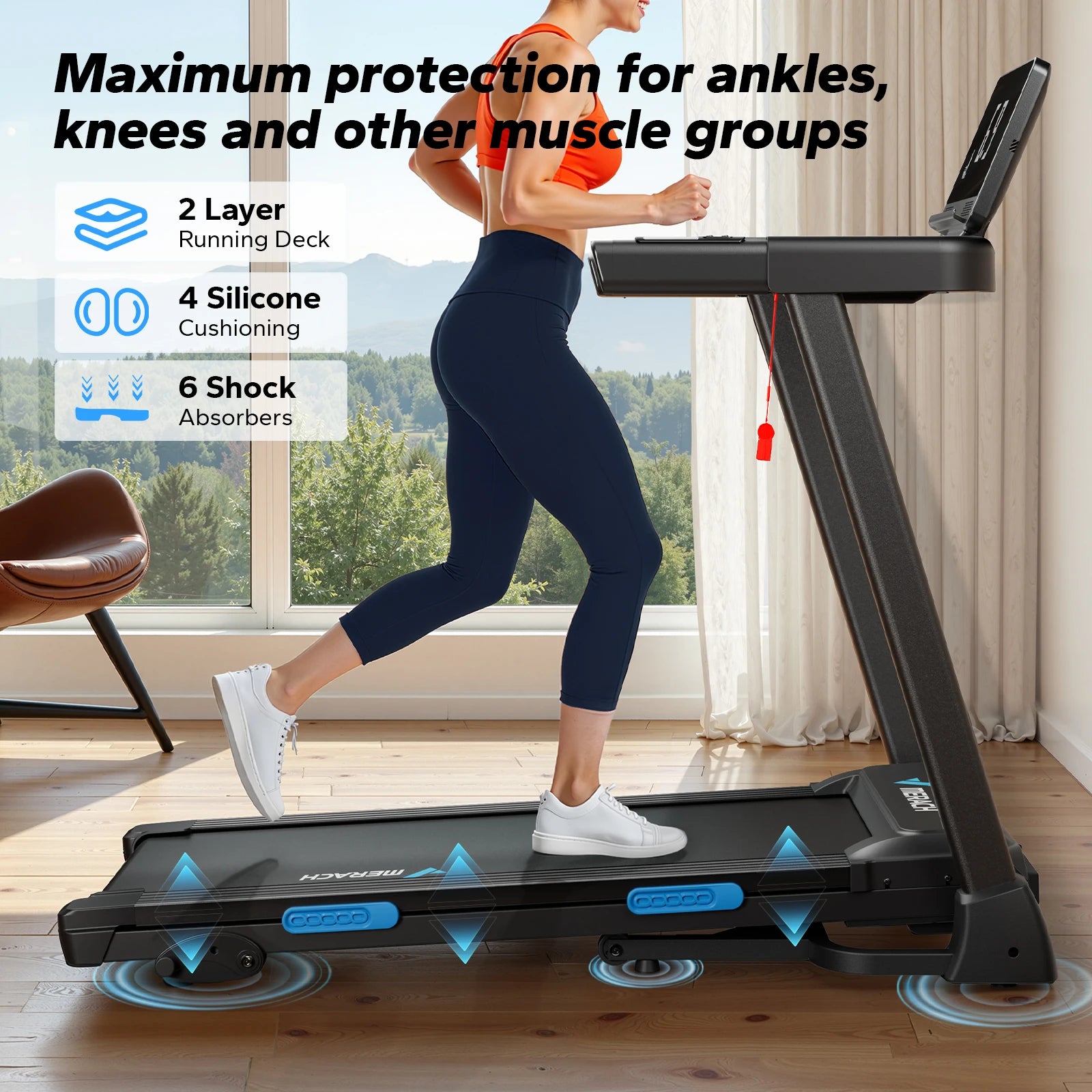 Foldable treadmill with shock-cushioned running deck and incline support arms