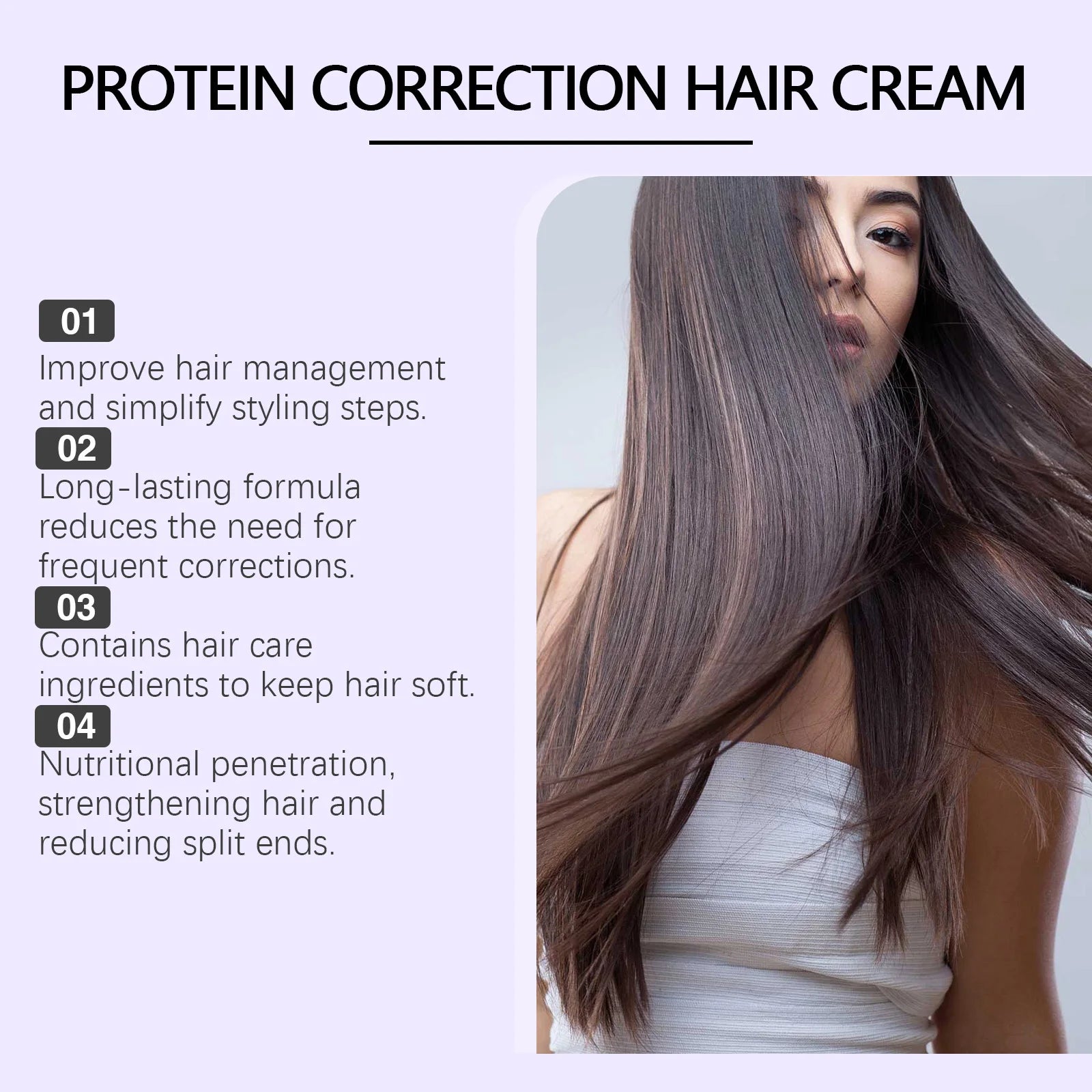 Keratin Protein Straightening Cream for anti-frizz hair treatment; long straight brunette hair.