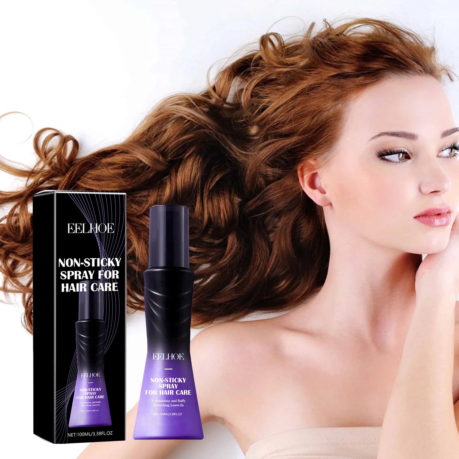 Anti-Frizz Hair Spray by EELHOE, purple-gradient bottle with black box, non-sticky spray for hair care