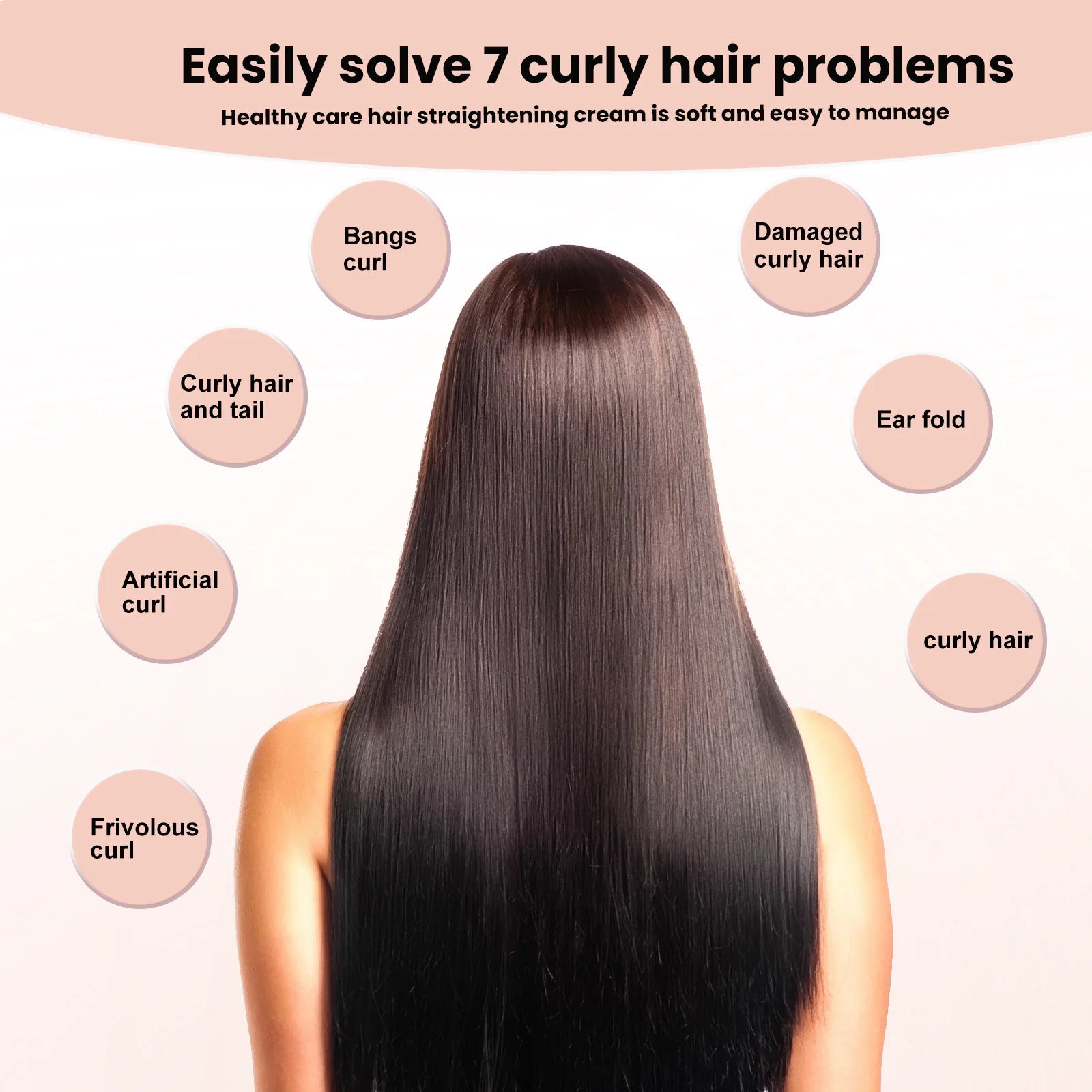 Long straight dark hair on model, smoothed to mid-back length