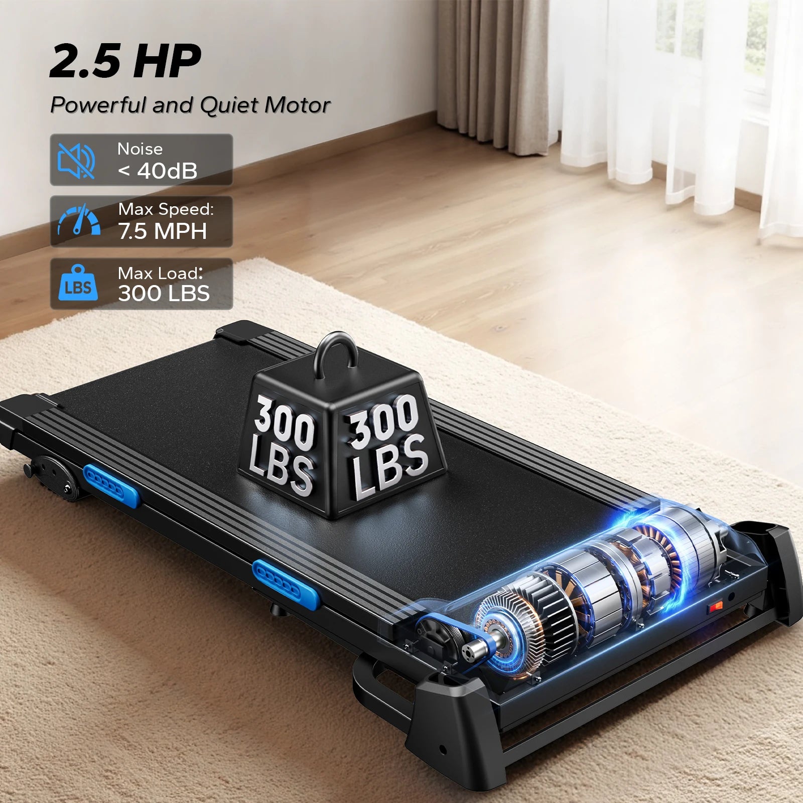 Foldable dark treadmill deck with roller motor assembly and vented housing