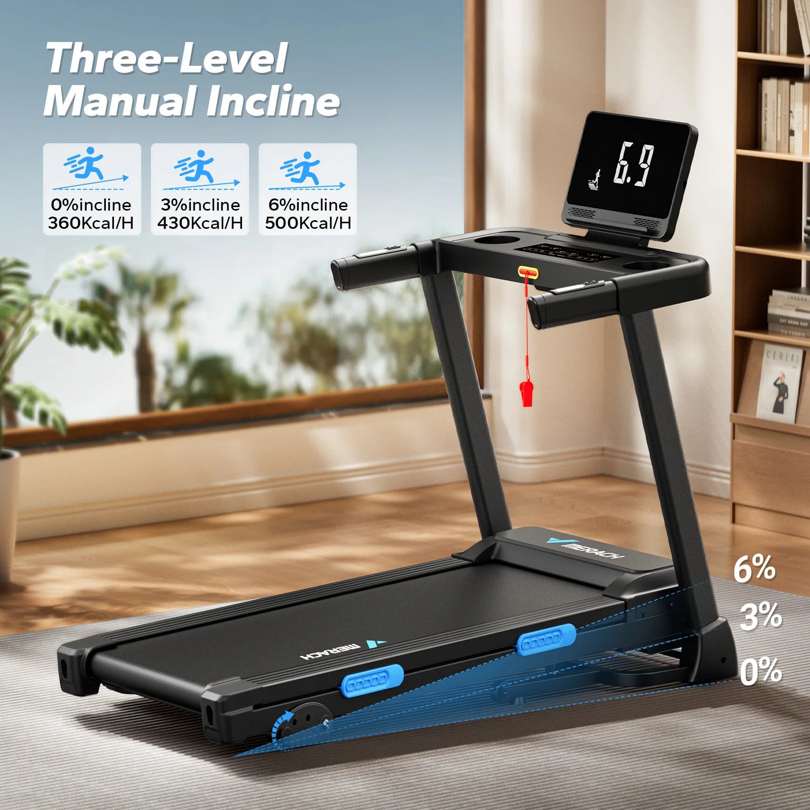 Foldable dark treadmill with manual incline deck and console screen