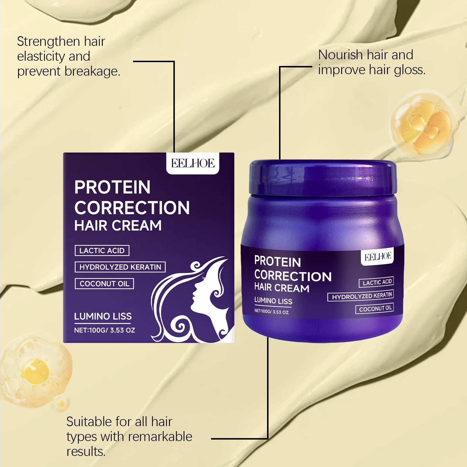 EELHOE Protein Hair Straightening Cream - Smoothing & Repair Treatment for Frizzy Hair