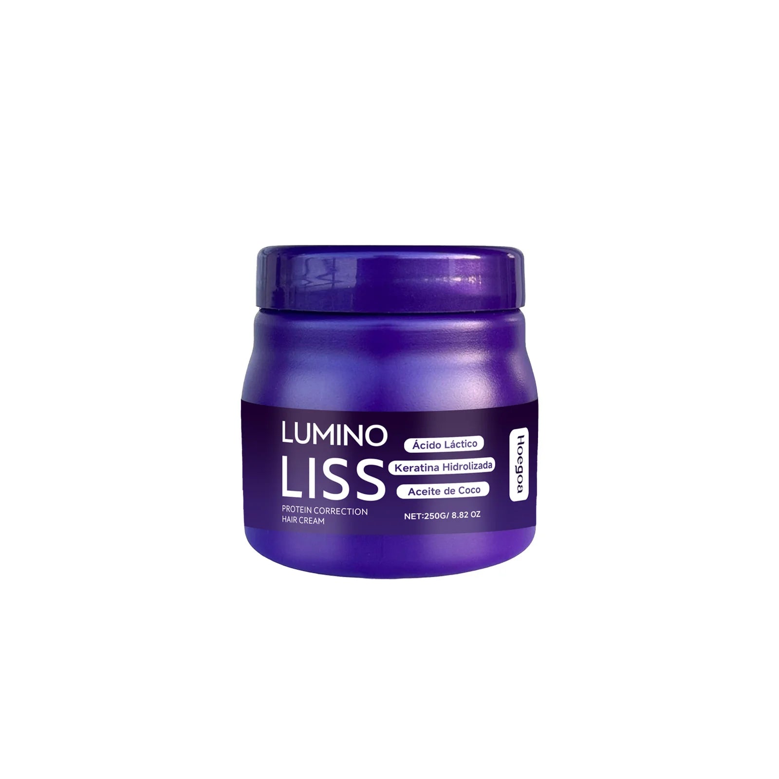 Keratin protein straightening cream jar, purple Lumino Liss label for anti-frizz hair treatment