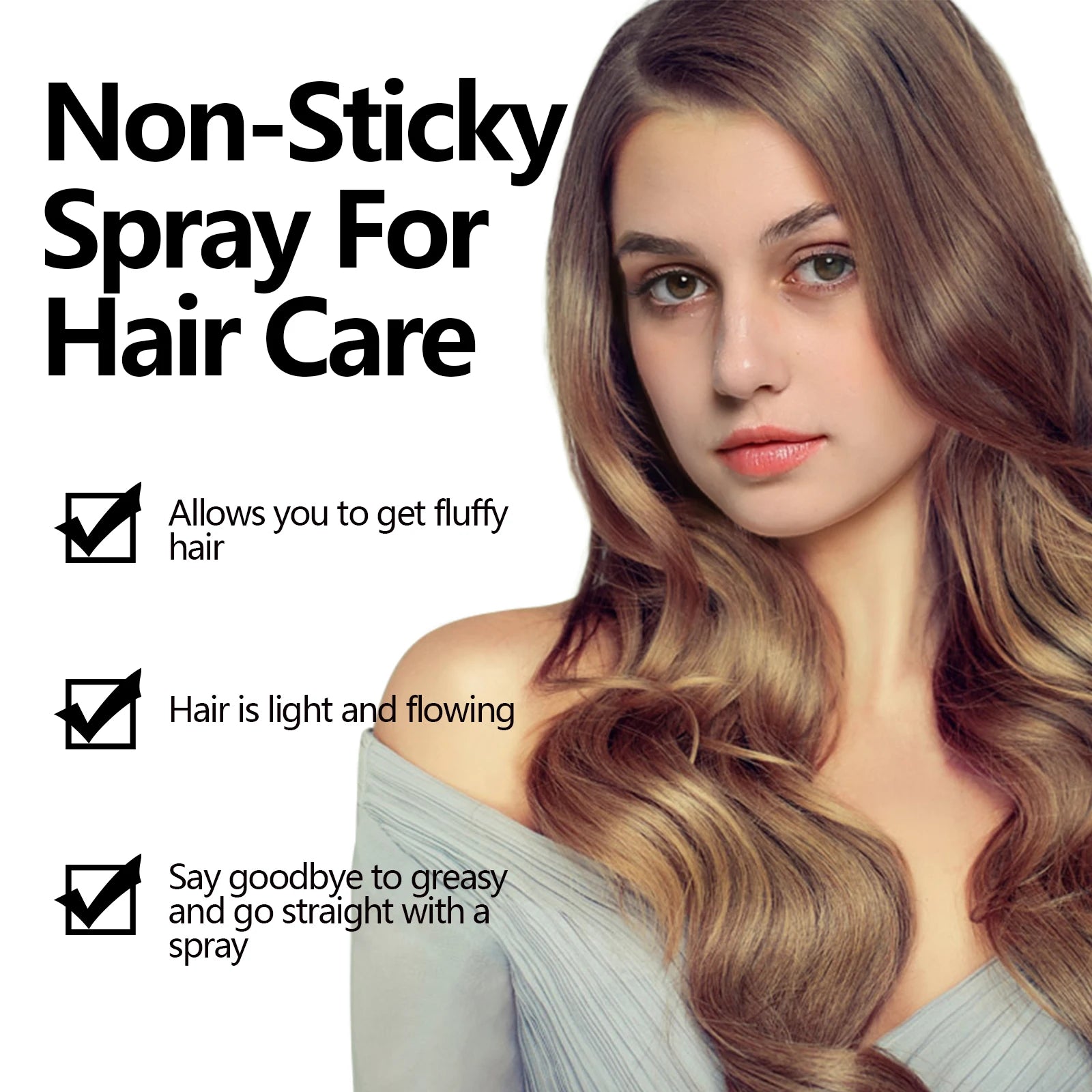Anti-Frizz Hair Spray for silky, fluffy hair; non-sticky volumizing hair care product