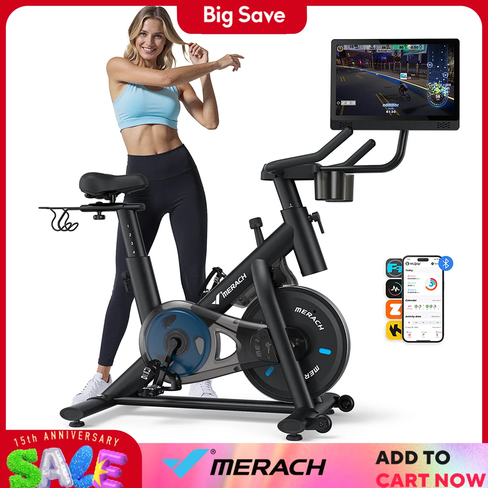 MERACH Exercise Bike with Exclusive App Ultra-Low Noise Indoor Bike 15.6 Inch HD Touchscreen